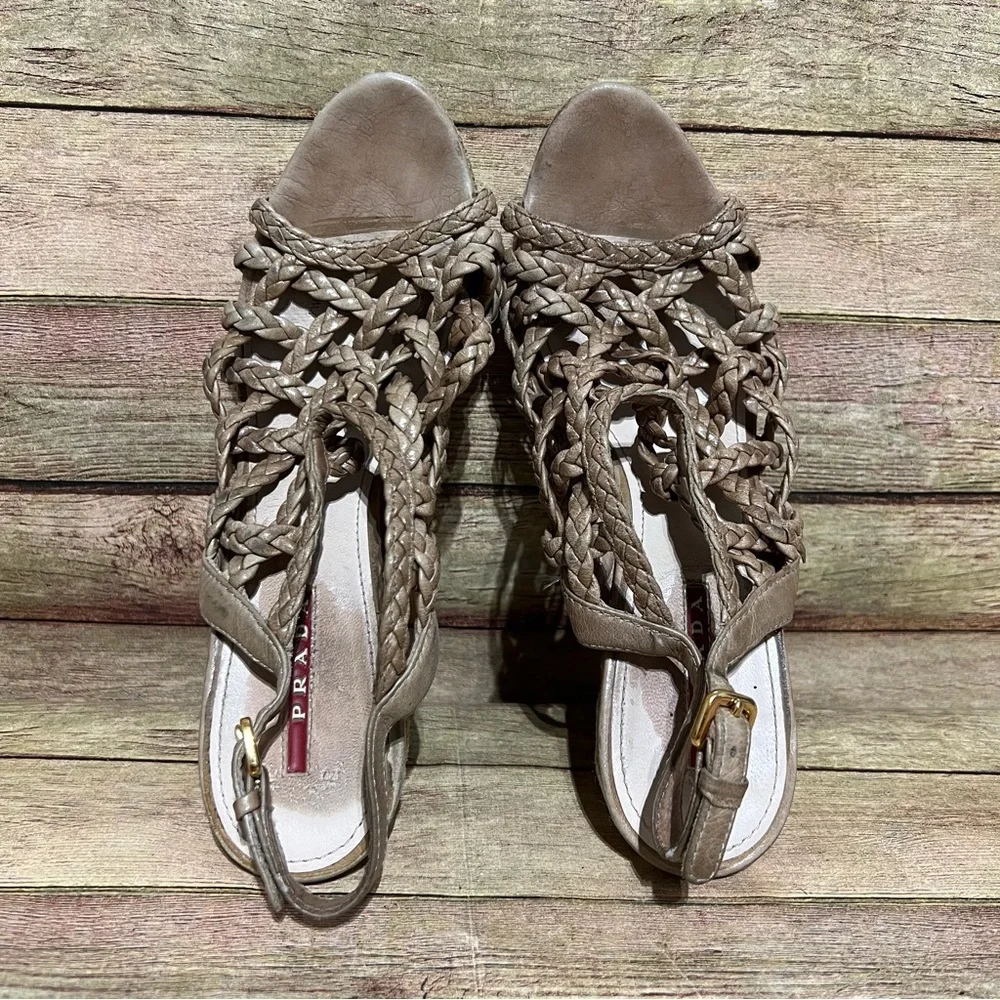 Prada Leather Braided Accent Slingback Sandals